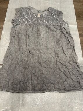 Rosemarine Gray Embroidered Yoke Linen Tunic Top Dress